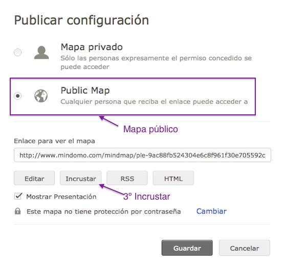Captura de pantalla de Mindomo: secuencia para copiar iframe, 2