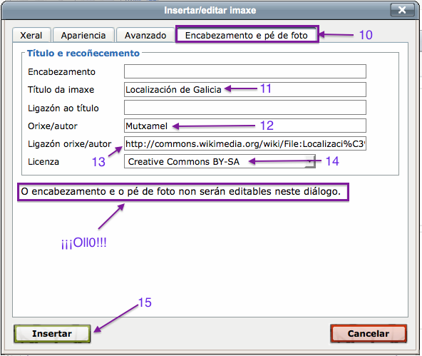 Inserir imaxes, lapela Encabezamento e pé de foto CCO 1.0