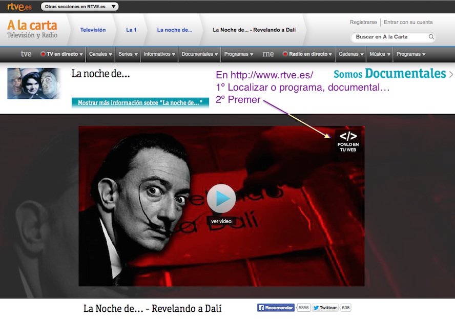 Captura de pantalla do sitio web de RTVE: secuencia para copiar iframe, 1