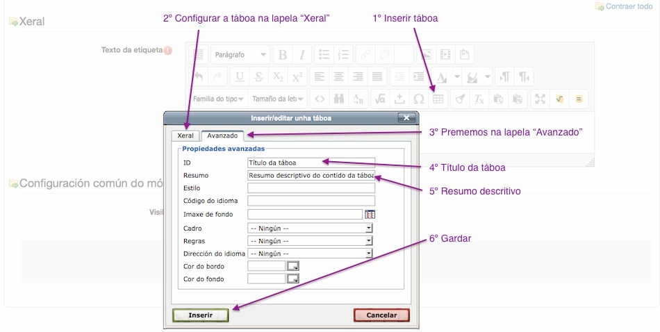 Imaxe cos pasos para creartábos accesible no Moodle 2.6