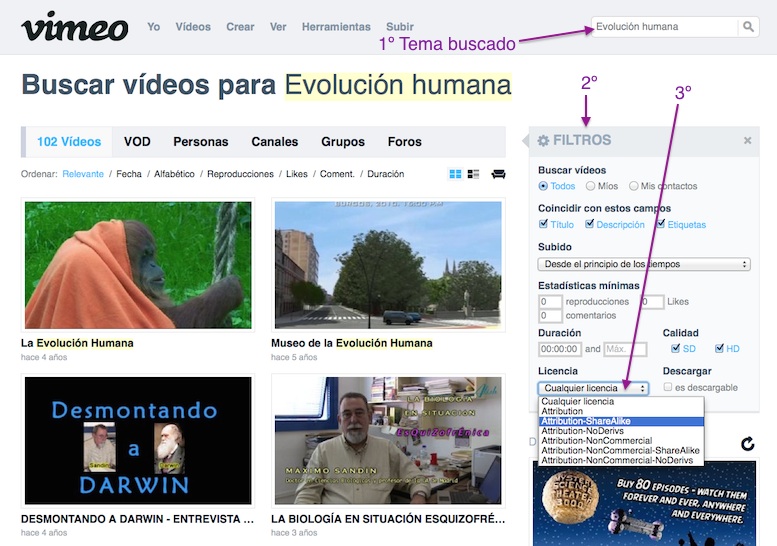 Busca de vídeos en Vimeo