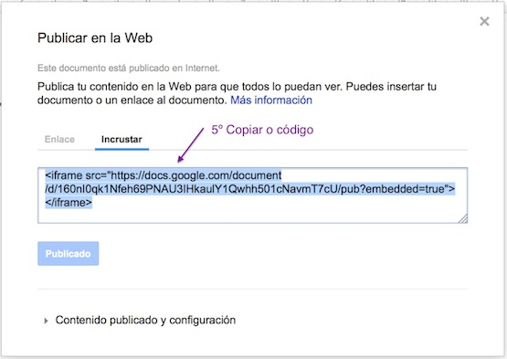 Captura de pantalla de Google Drive: secuencia para copiar iframe, 3