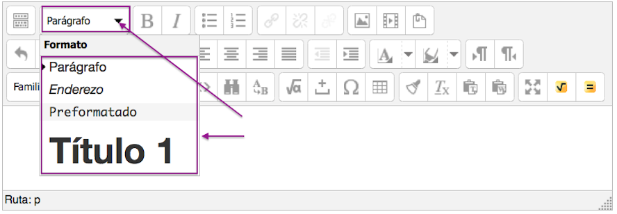 Imaxe sinalando as ferramentas do editor de texto de Moodle para xerar encabezamento. Versión 2.6