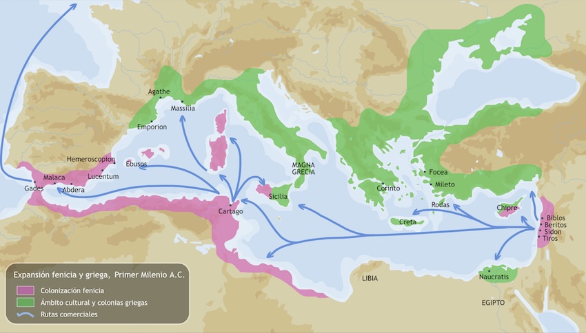 Mapa de las zonas de influencia fenicia y griega en el primer milenio antes de Cristo.