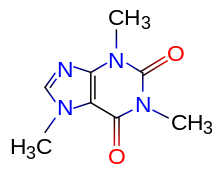 Fórmula estructural de la molécula de cafeína.