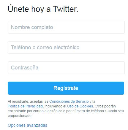 Páxina de rexistro de Twitter