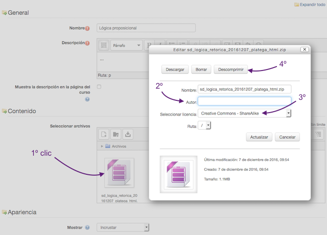 Descomprimir un ficheiro zip co paquete de contidos