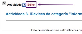Captura de pantalla do editor de texto HTML. Sinálase o botón Editor.