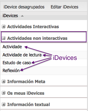 Captura de pantalla de eXeLearning coa área dos iDevices. Categorúa das actividades non interactivas.