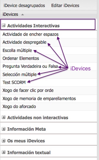 Captura de pantalla de eXeLearning coa área dos iDevices. Categoría Actividades interactivas.