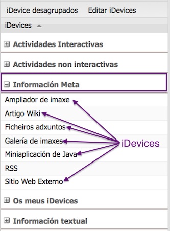 Captura de pantalla de eXeLearning coa área dos iDevices. Categoría dos iDevices Información Meta.