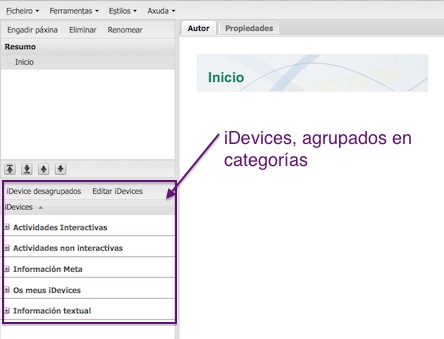 Captura de pantalla de inicio de eXeLearning. Sinálase a área dos idevices.
