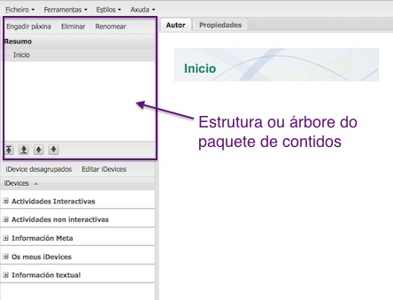 Captura de pantalla de inicio de eXeLearning. Sinálase a área da estrutuctura de contidos.