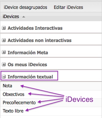 Captura de pantalla coas categorías de iDevices, Información textual.