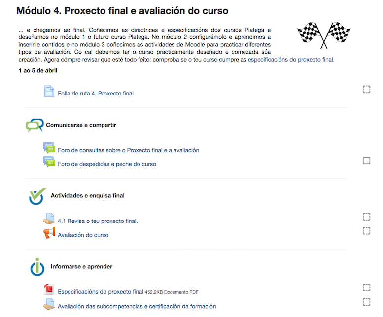 Módulo de avaliacións do curso Crear Plategas