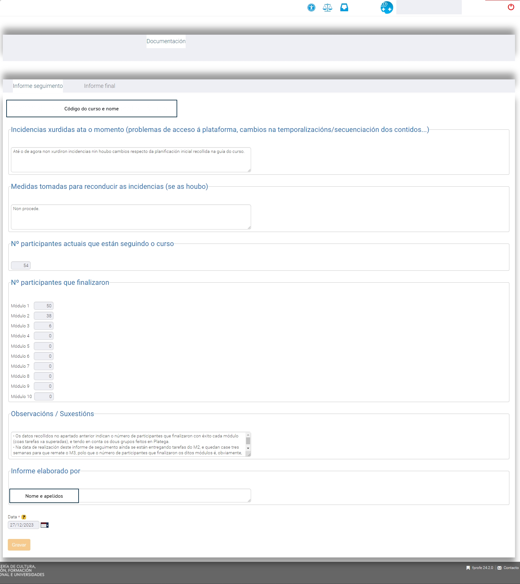 Informe intermedio dun curso Platega en Fprofe.