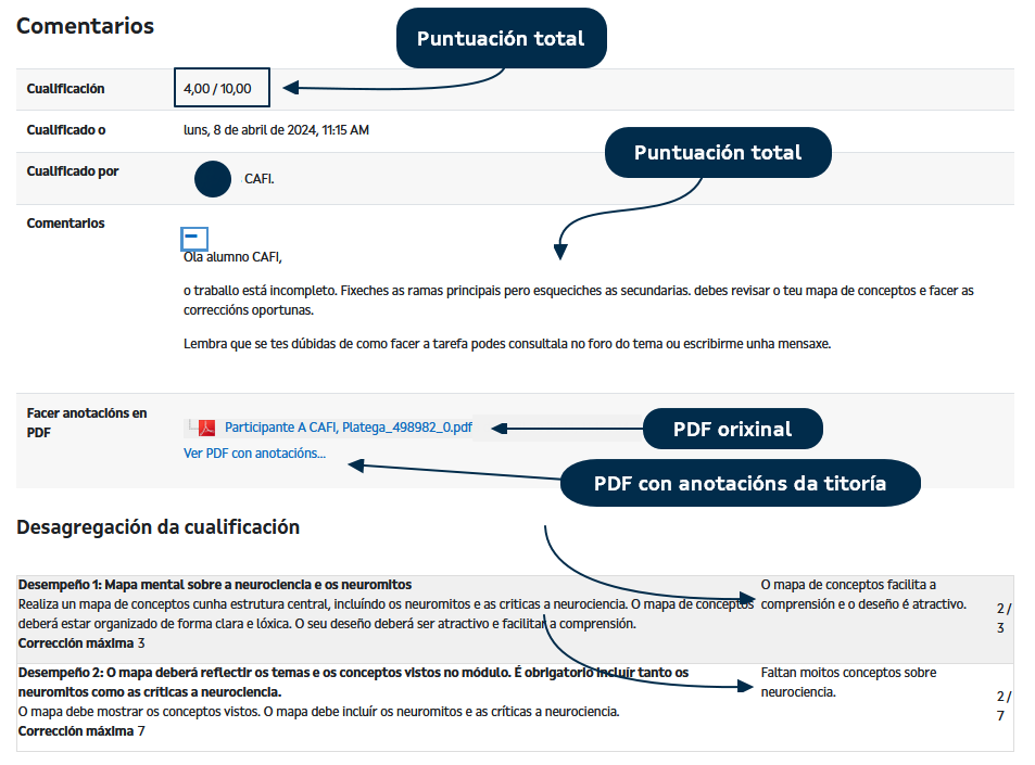 Tarefa comentada, vista polo participante. Tarefa comentada, vista polo participante.
