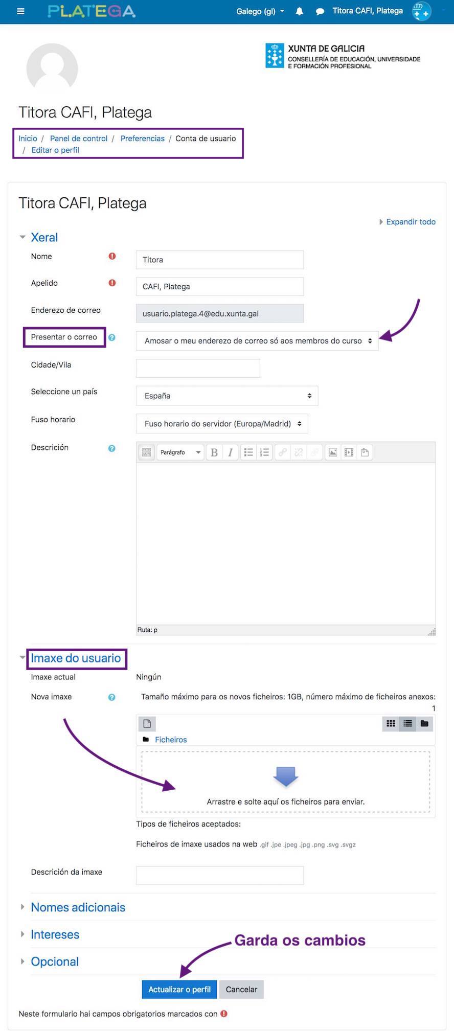 Preferencias no perfil de usuaria ou usuario Platega