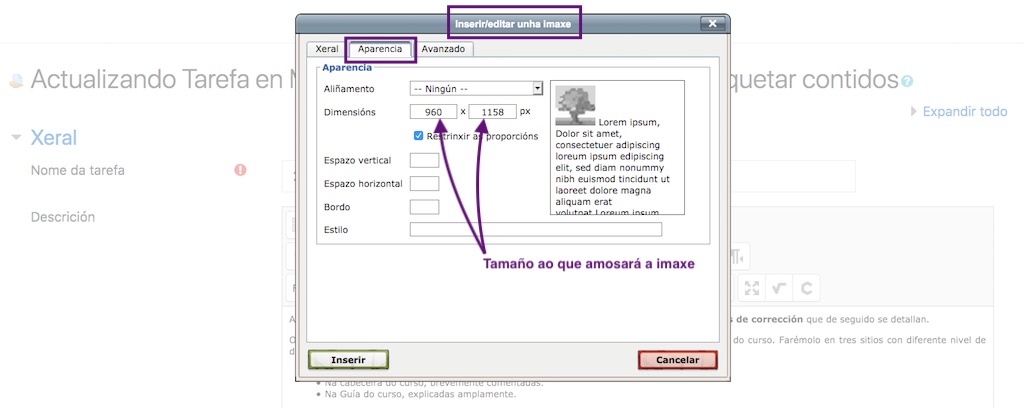 Configuración dunha imaxe subida a un curso virtual