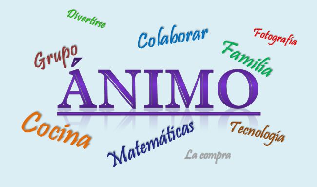 Rótulo con la palabra ANIMO y palabras alusivas al proyecto: cocina, grupo, matemáticas, familia, etc. Rótulo con la palabra ANIMO y palabras alusivas al proyecto: cocina, grupo, matemáticas, familia, etc.