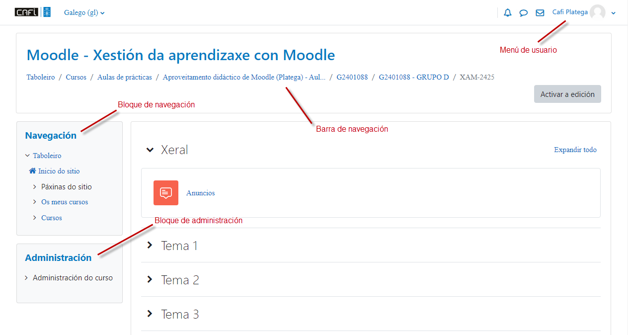 Pantalla inicial dun curso