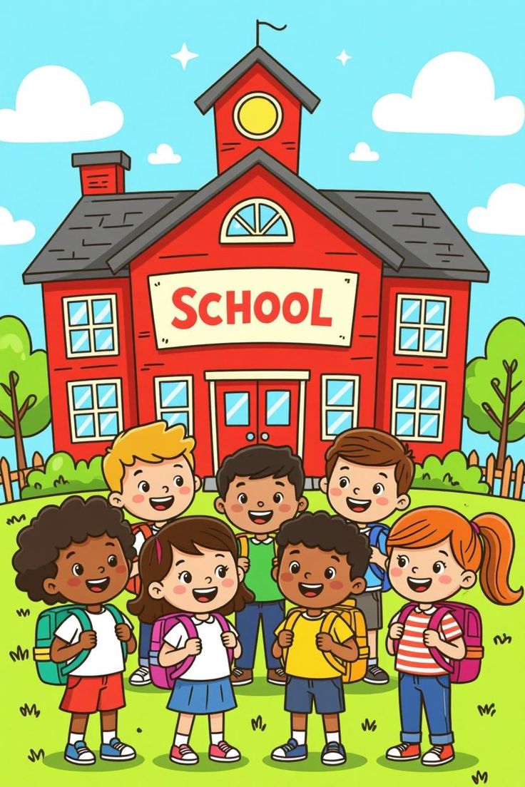 Nenos e nenas contentos diante do colexio