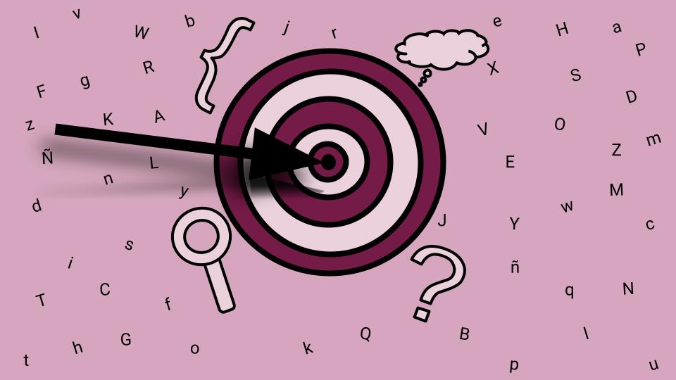 Diana surrounded by letters and symbols, such as cloud, magnifying glass, question mark, opening bracket...