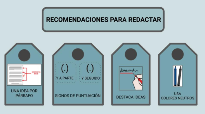 Etiquetas con recomendaciones a la hora de redactar un texto; una idea por párrafo, signos de puntuación, destacar ideas y usar colores neutros.