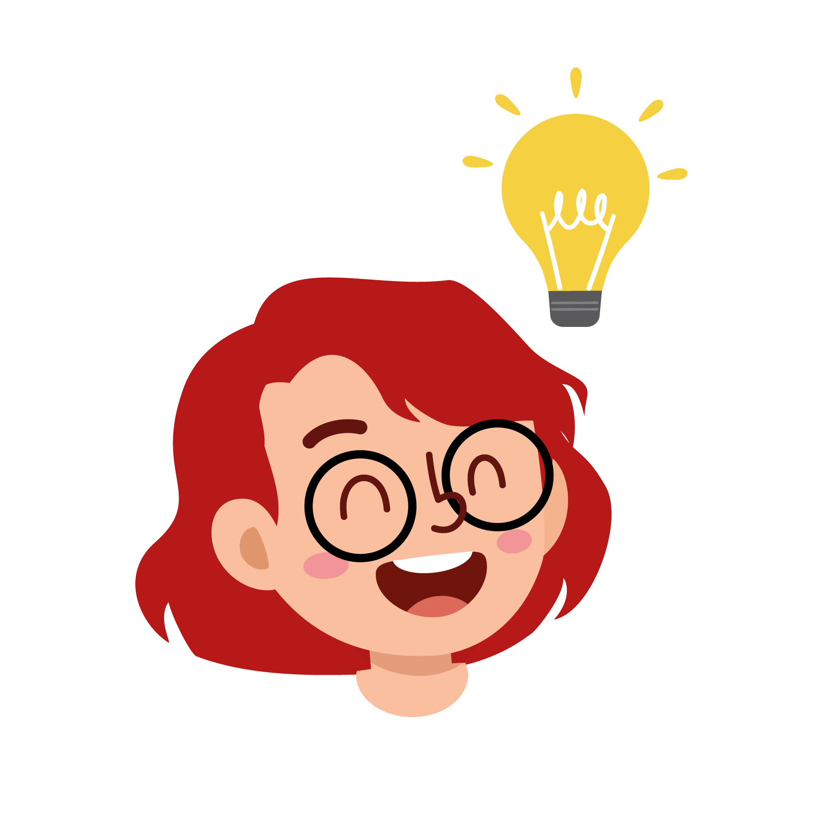 La imagen muestra a una niña con una bombilla iluminada sobre la cabeza.