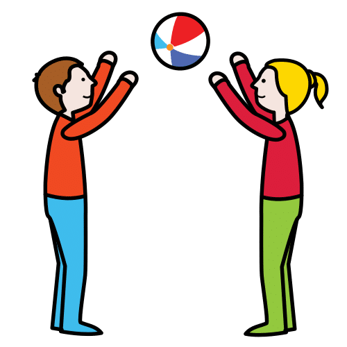 La imagen muestra un niño y una niña jugando a la pelota.