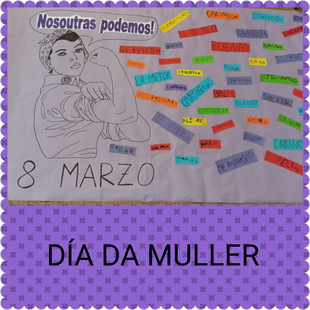 Mural feito polo alumnado de catro anos, onde escriben palabras para a muller máis importante da súa vida.