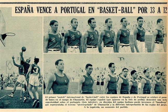 recorte de un peri&oacute;dico con la noticia sobre el primer partido entre Espa&ntilde;a y Portugal