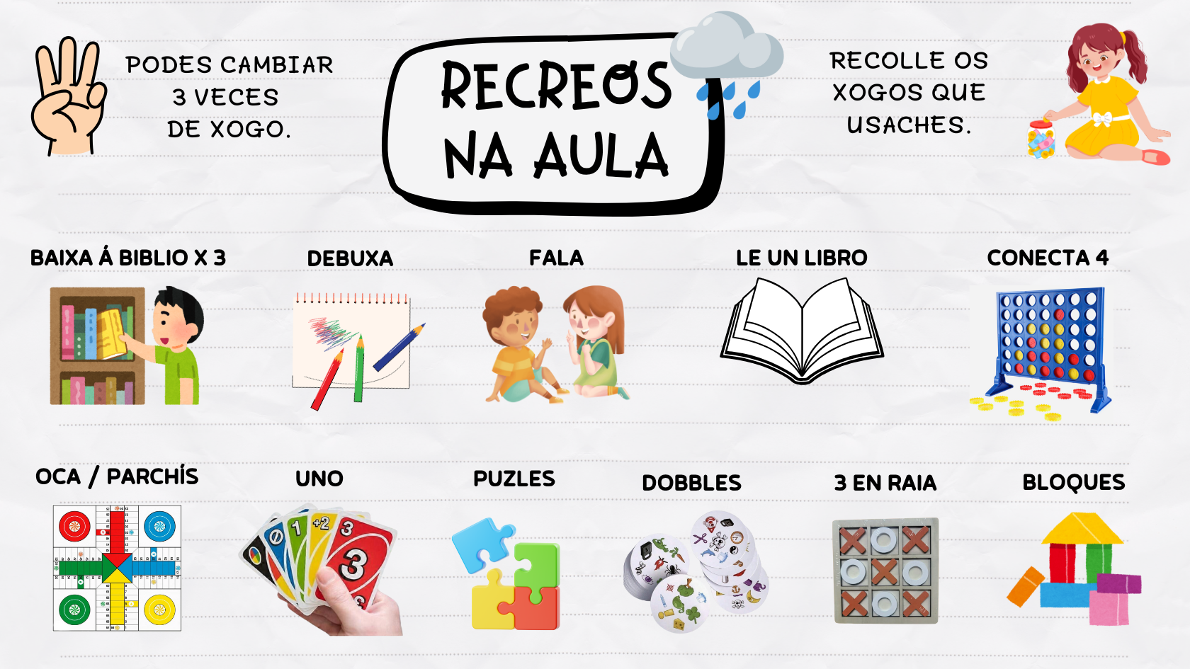 Nesta imaxe vemos as diferentes actividades quie podemos realizar durante os recreos na aula cando chove.