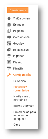 Menú general blogger, configuración