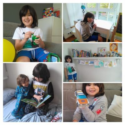 Hugo mostra algunhas cousas que está a facer na casa: ler có seu irmán Brais, manualidades, pintar, xogar, deberes...
