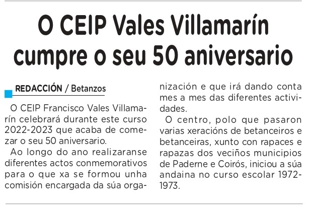 O CEIP Vales Villamarín cumple 50 anos (Betanzos e a súa comarca, setembro, páx,4)