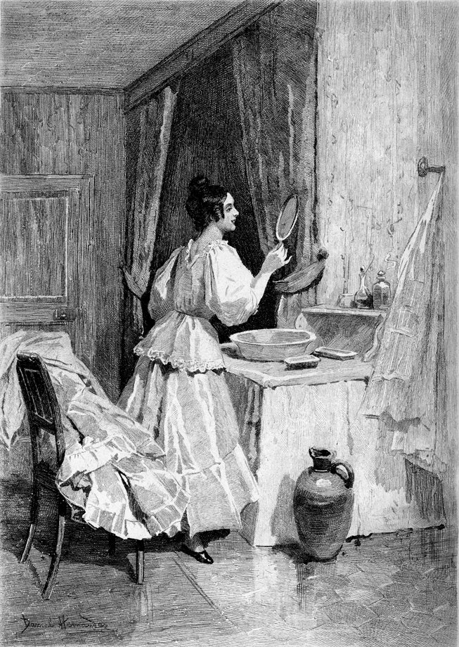 Eugénie Grandet dans sa chambre, devant un miroir, gravure