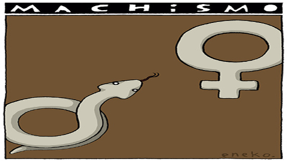 Una culebra con la forma del símbolo del sexo masculino se dirige amenazadora hacia un símbolo femenino