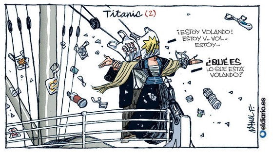 Humor gráfico: recreación de la escena de la película "Titanic", en la que los enamorados se ponen en la proa del barco y él dice: "Estoy volando". La diferencia es que un montón de plásticos vuelan alrededor y les tapan la cara a ambos.