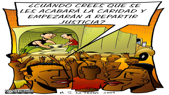 Un camión reparte ayuda humanitaria entre hombres pobres de color. Uno de ellos dice: "¿Cuándo crees que se les acabará la caridad y empezarán a repartir justicia?" 