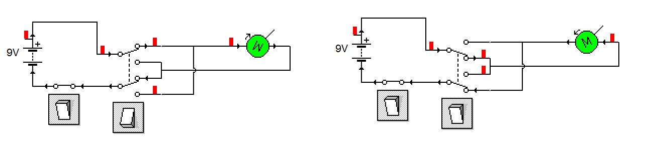 Dos esquemas el&eacute;ctricos con las dos posiciones del conmutador en un circuito para invertir el sentido de giro de un motor.