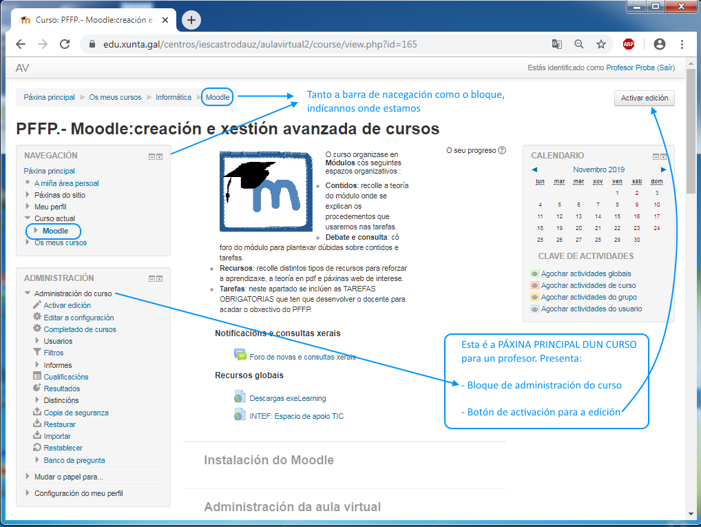 Páxina princiapl dun curso para un profesor