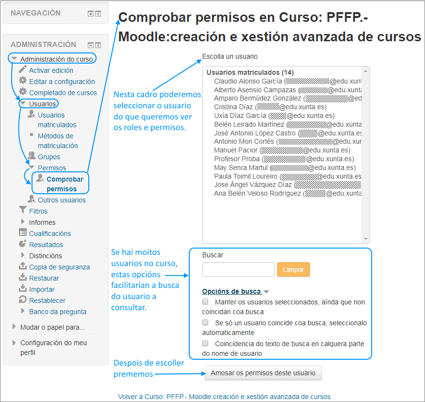Permisos e roles dun usuario nun curso