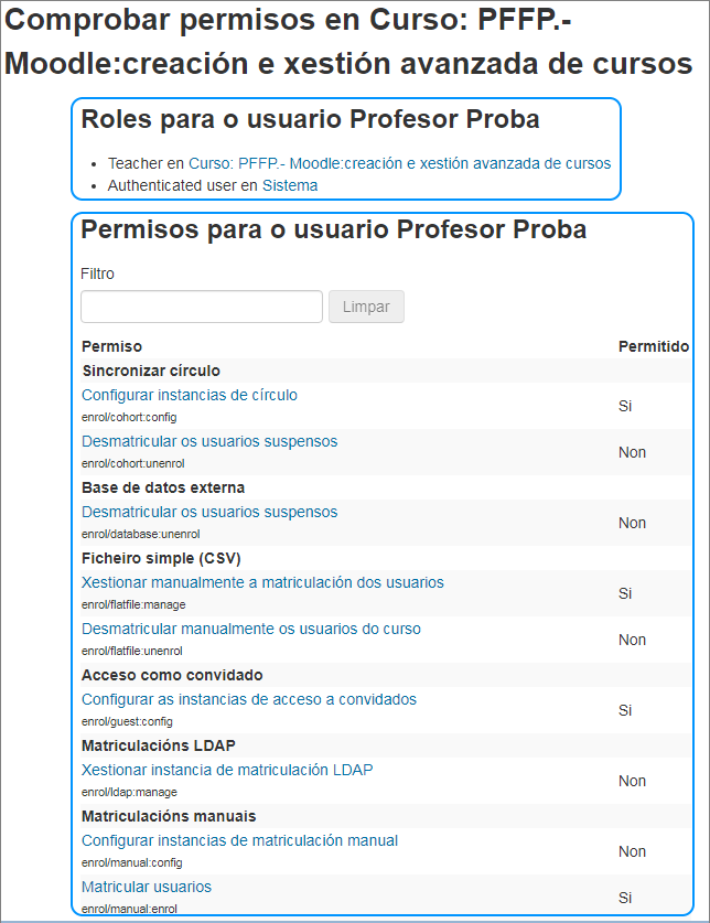 Roles e permisos dun usuario nun curso