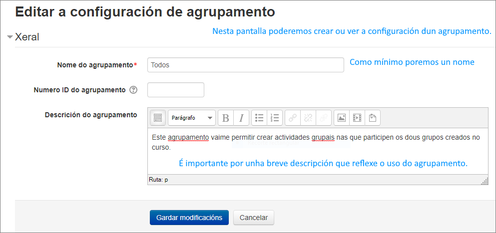 Configuración agrupamento