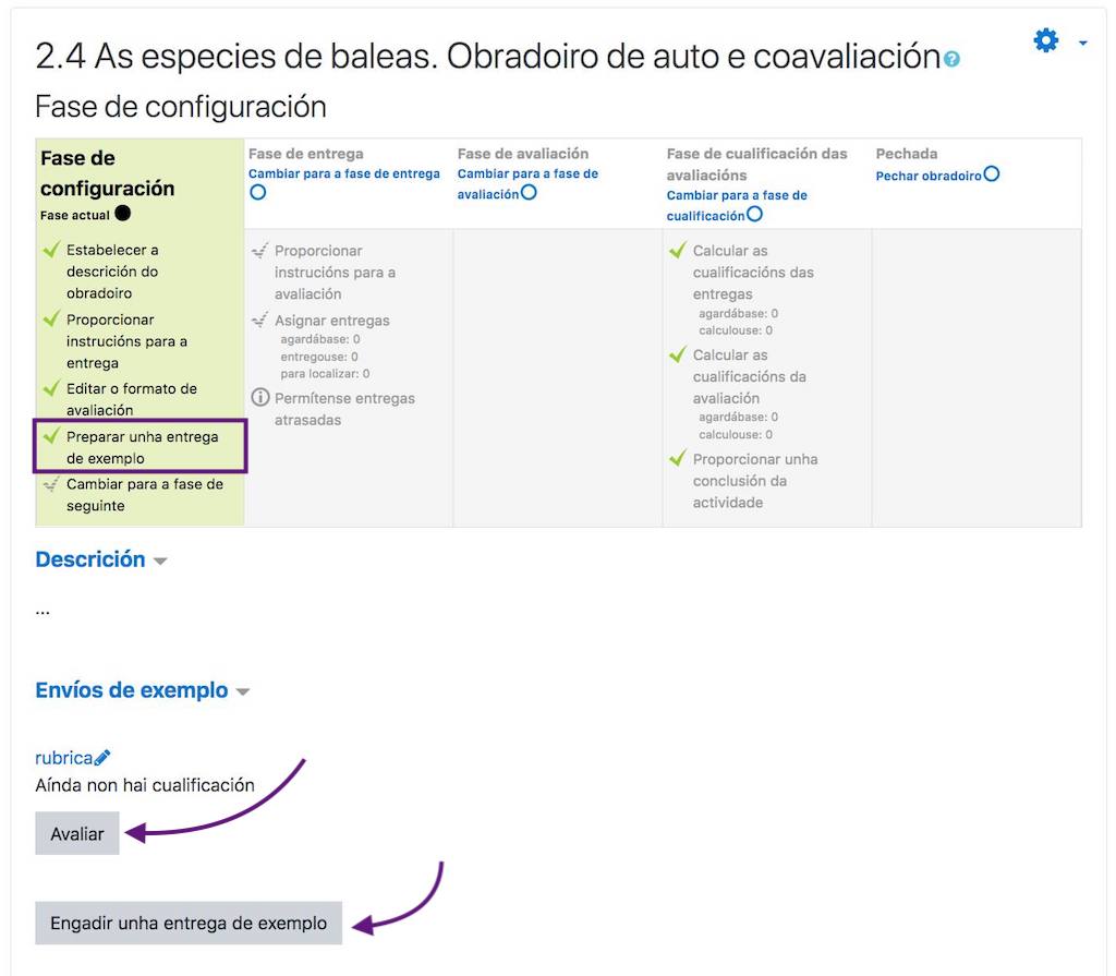 Pantalla para engadir exemplos de envío e unha avaliación de referencia