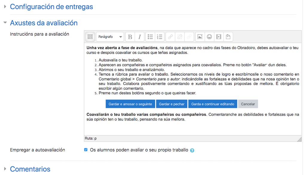 Axustes da avaliación na configuracion dun obradoiro