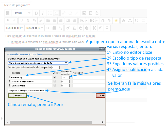 Cloze: configuración respostas