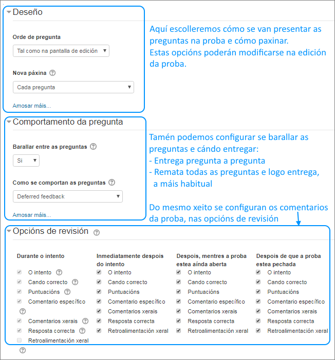 Proba: configuración de deseño, pregunta e revisión