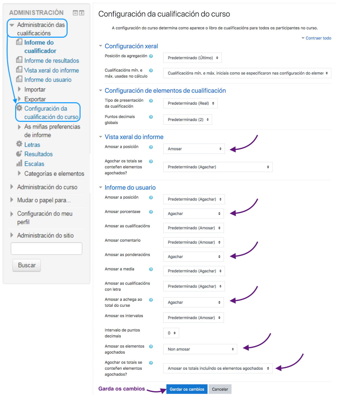 Configuración cualificacións do curso